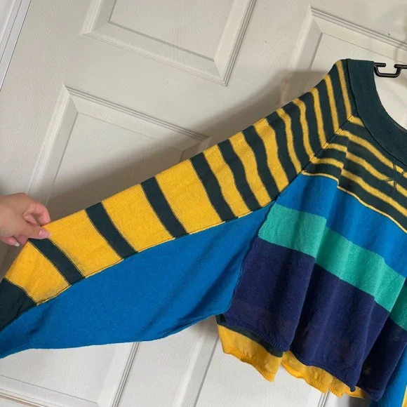 Free People Block Party Pullover Top Striped Oversized linen blend Knit Sweater - Picture 3 of 11